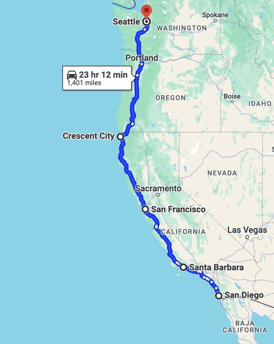 san diego to seattle road trip map