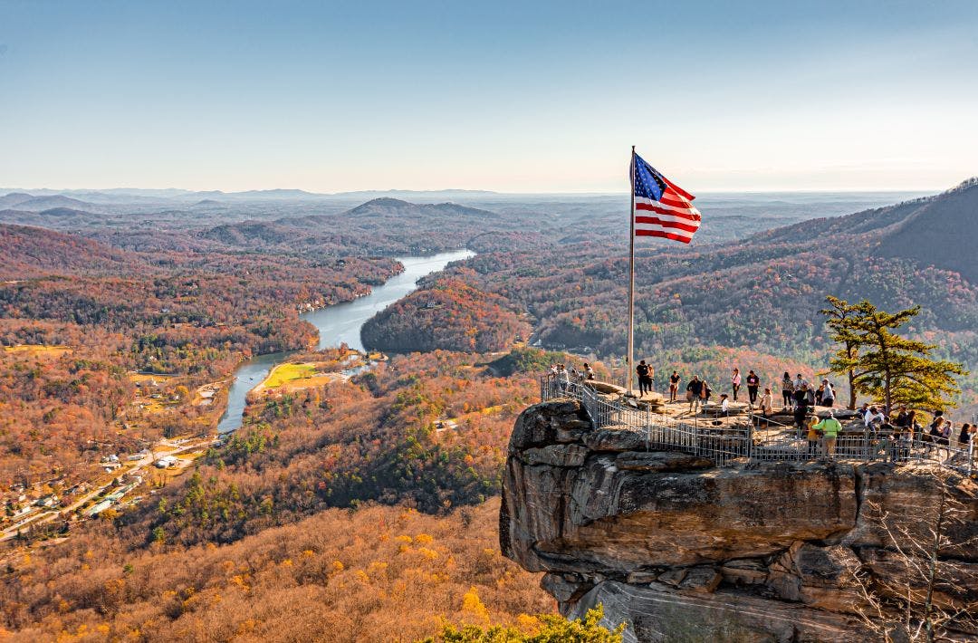 Chimney Rock at Chimney Rock State Park and Lake Lure North Carolina USA in fall season Myrtle Beach bike week info