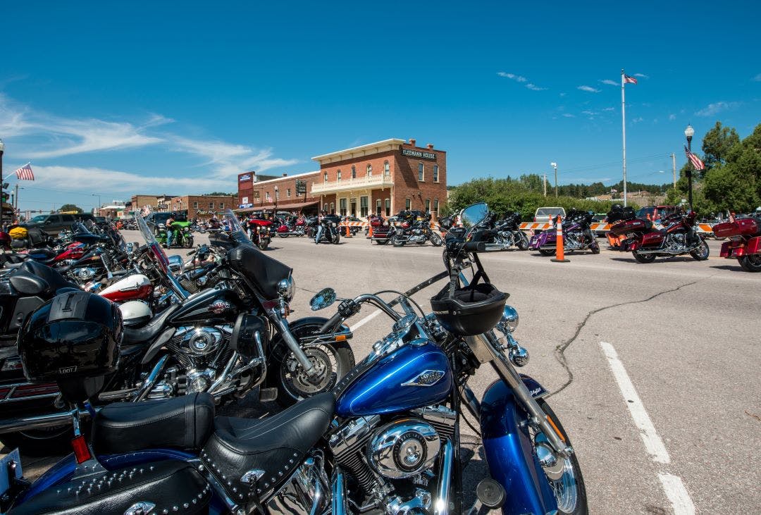 pic of main street in Sturgis, South Dakota. 75th Annual Sturgis Rally with motorcycles parked along it