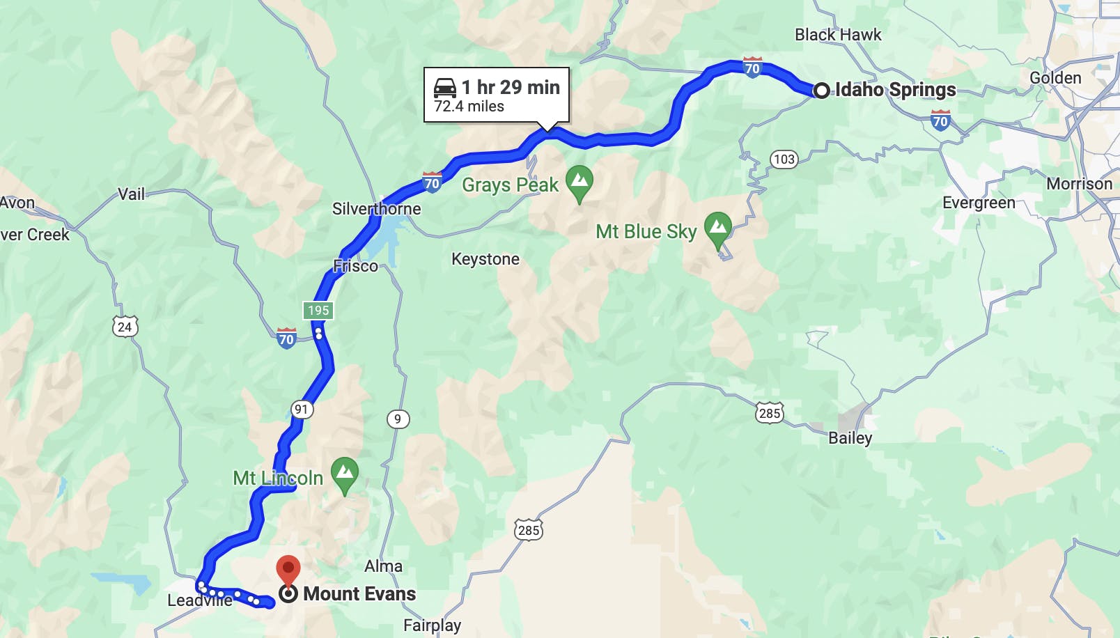 map of denver, colorado motorcycle route - mount evans scenic byway