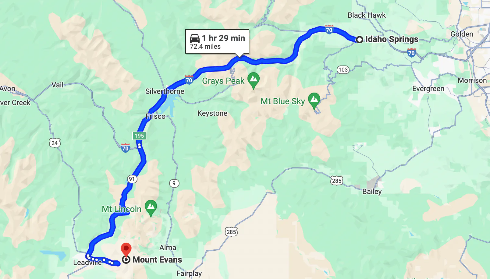 mapa de Denver, Colorado, ruta en motocicleta - Vía escénica Mount Evans