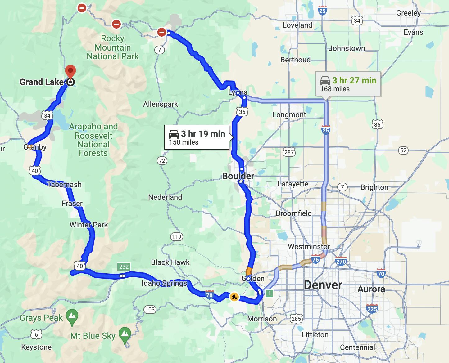 map of denver, colorado motorcycle route - trail ridge road