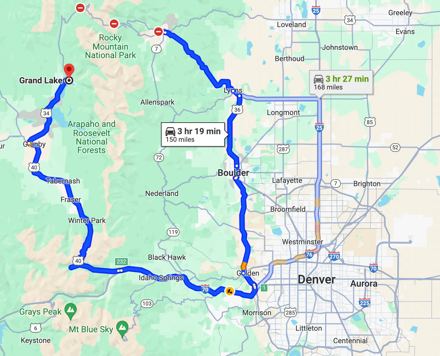 Mapa de ruta en motocicleta por Denver, Colorado - Trail Ridge Road