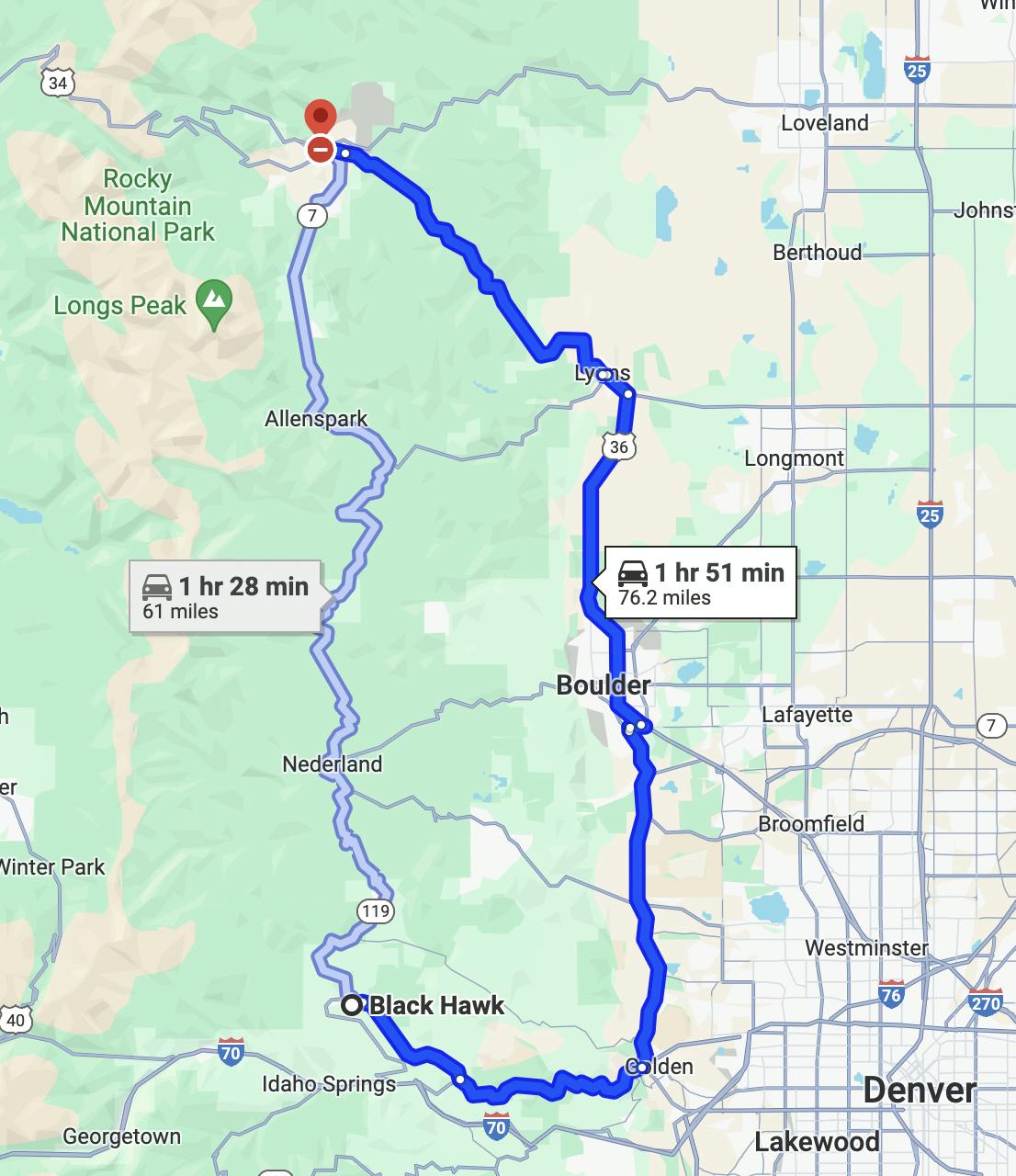 map of denver, colorado motorcycle route - peak to peak