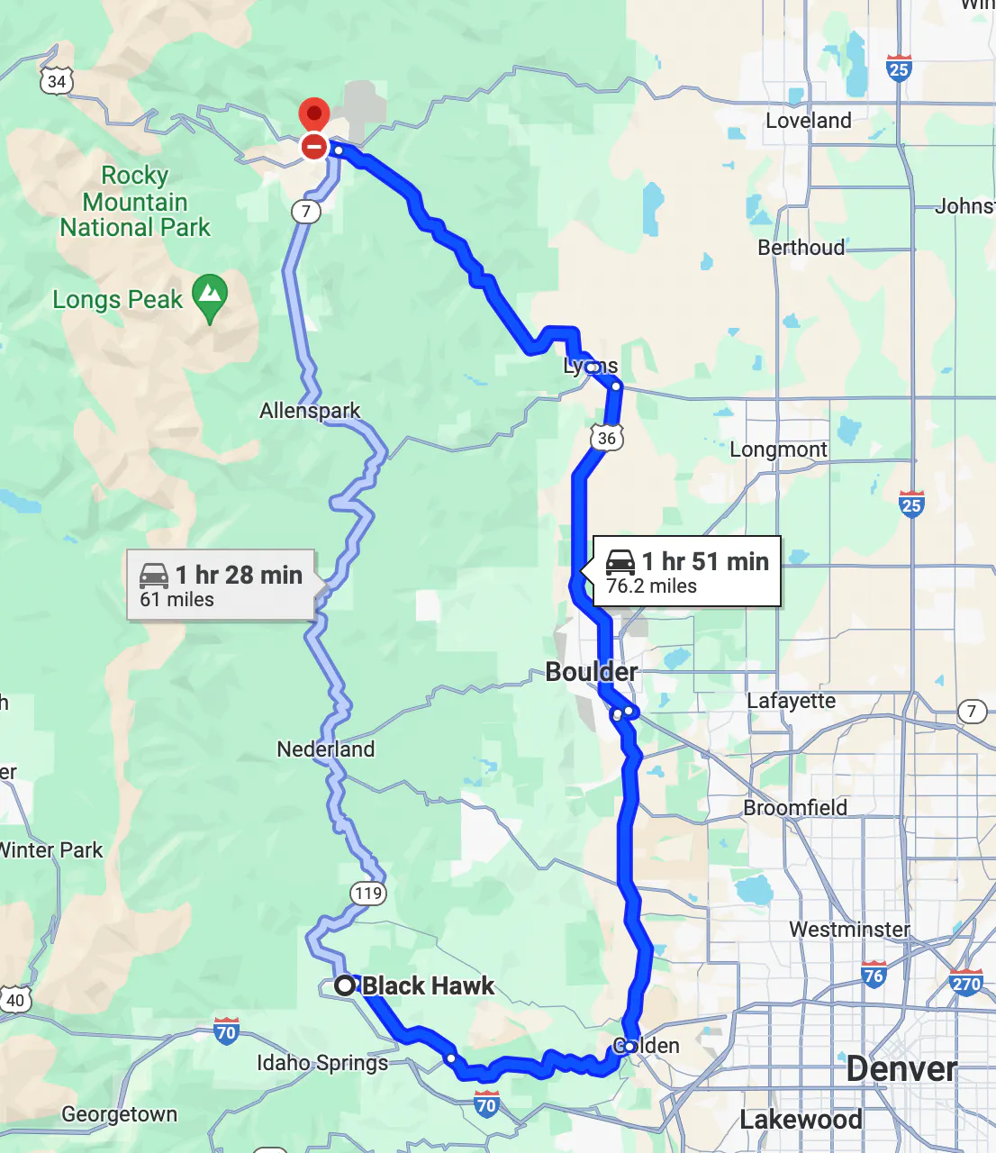 mapa de la ruta en motocicleta de Denver, Colorado - pico a pico