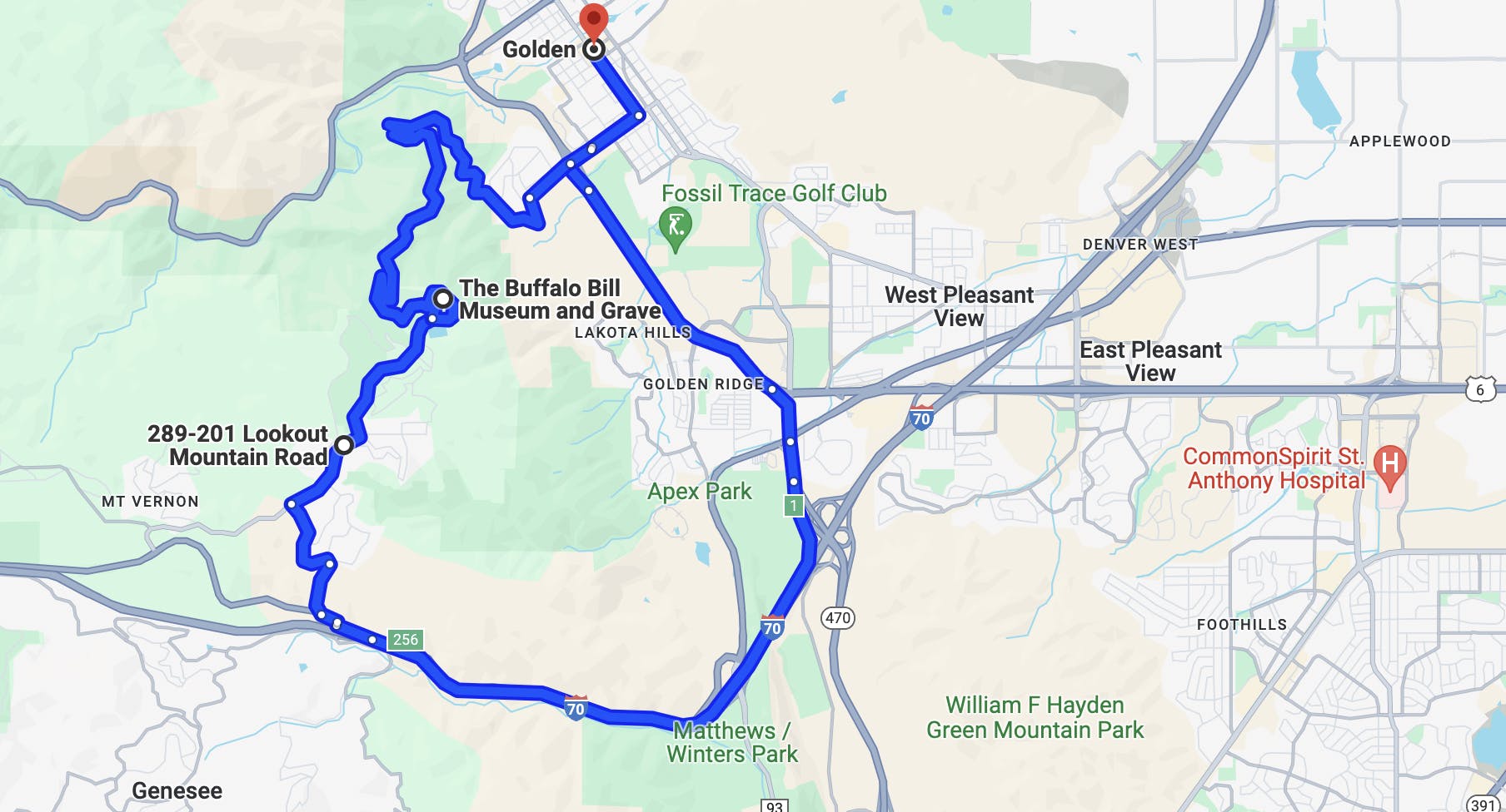 map of denver, colorado motorcycle route - lariat loop