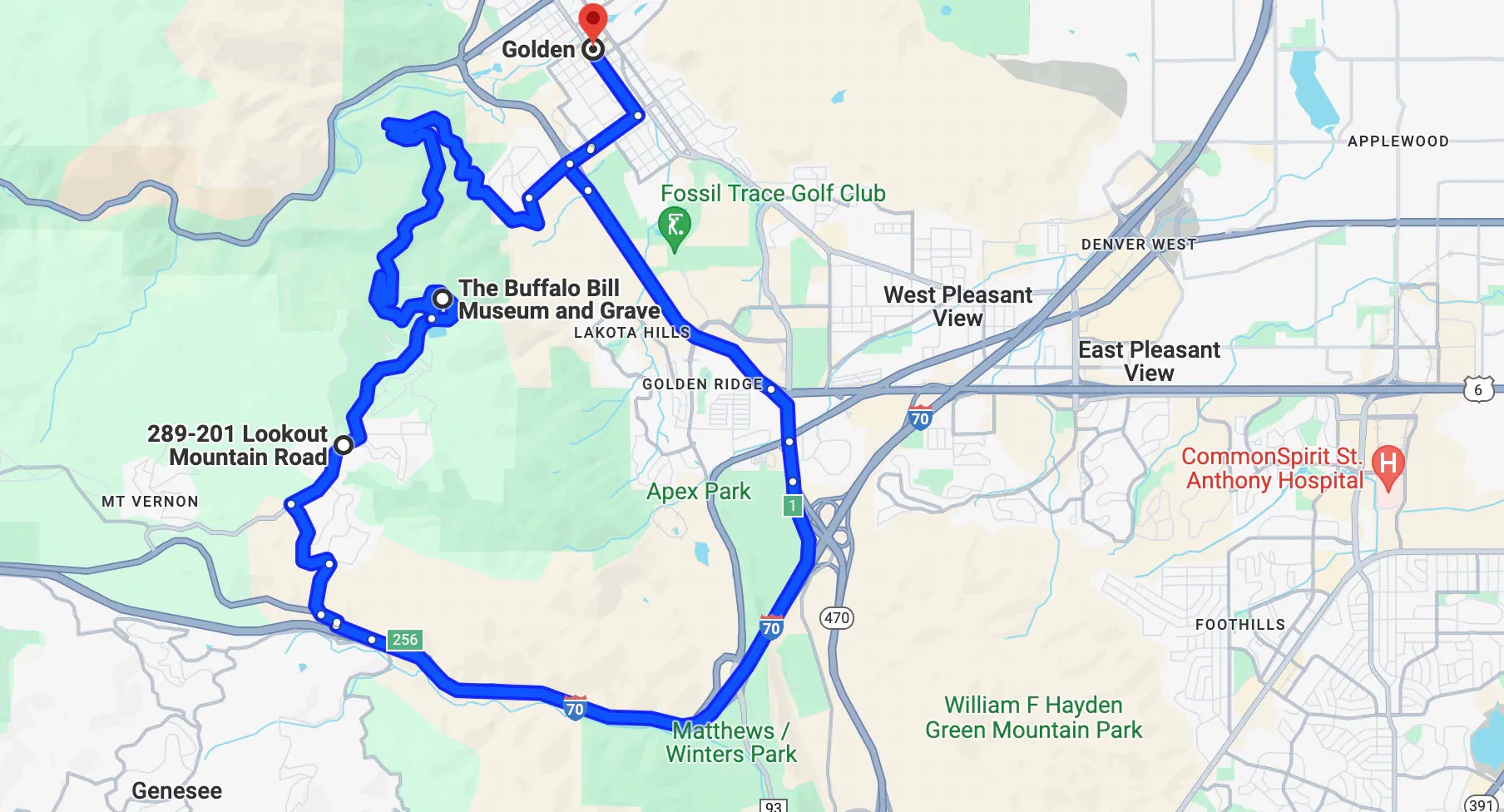Mapa de la ruta en motocicleta por Denver, Colorado - Lariat Loop