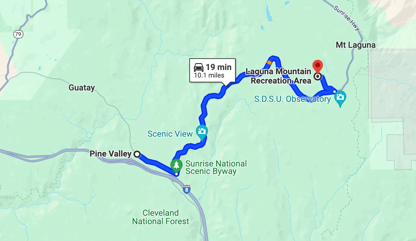 mapa de los mejores paseos en motocicleta por San Diego - ruta por Sunrise Highway