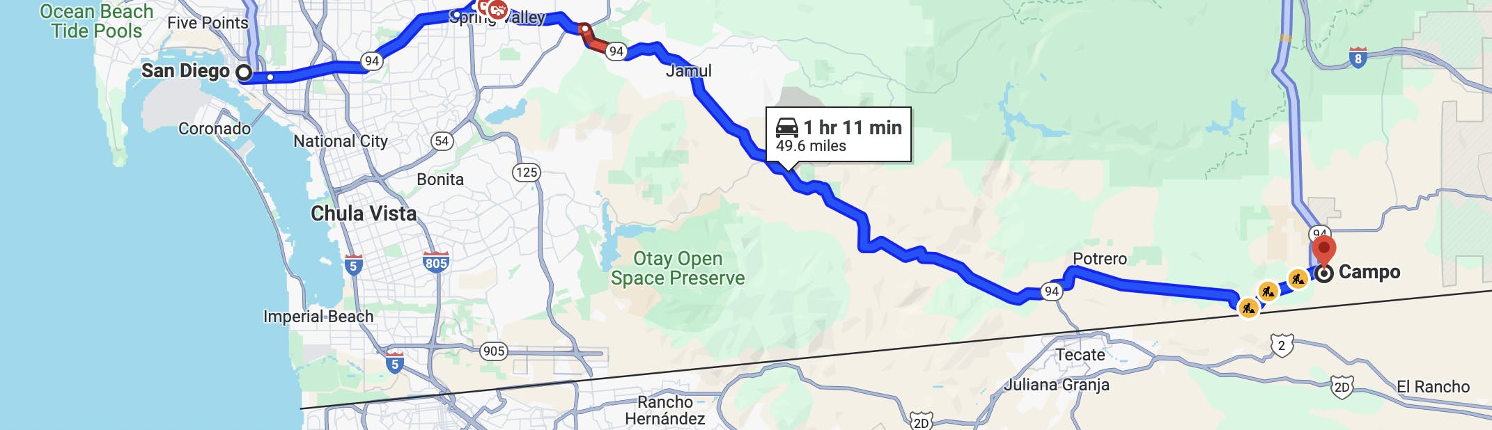 map of best motorcycle rides in san diego - highway 94 route