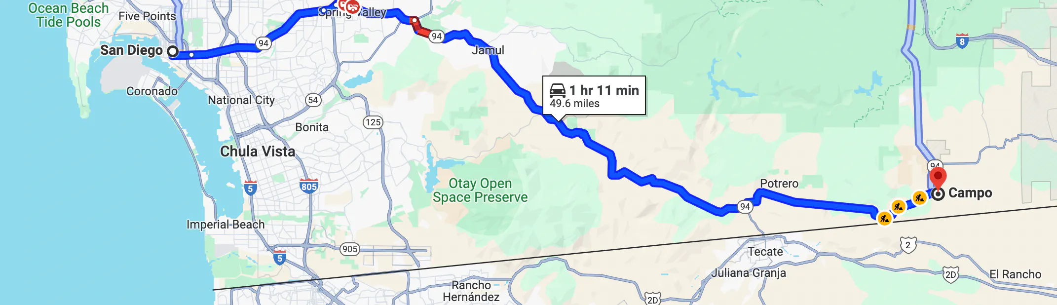 mapa de los mejores paseos en motocicleta por San Diego - ruta Highway 94