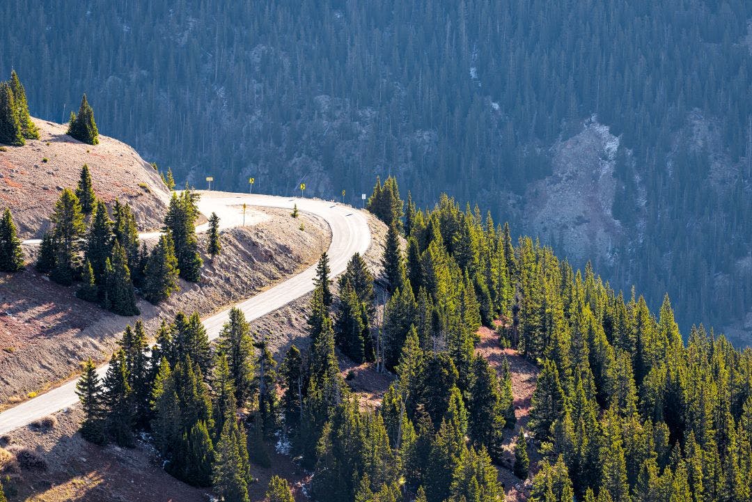 Independence Pass highway 82 rocky mountain high angle view of switchback on road in Colorado autumn at continental divide Best Motorcycle Roads in Colorado