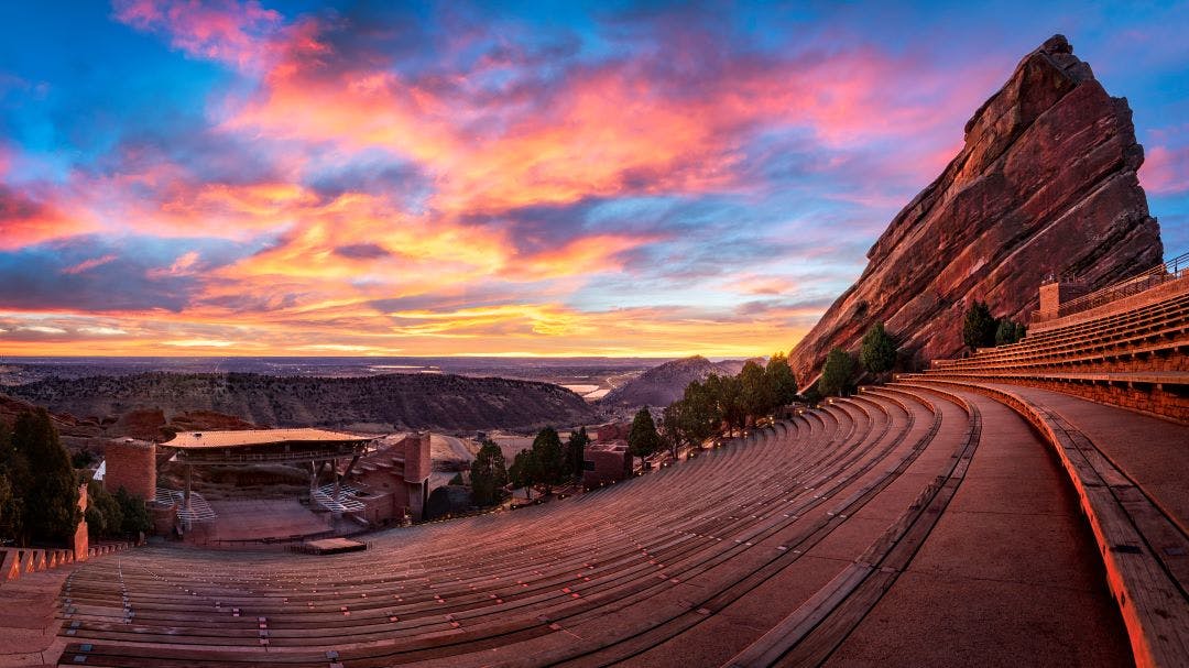 Feature Red Rocks at sunrise, near Denver Colorado best day trips from denver colorado
