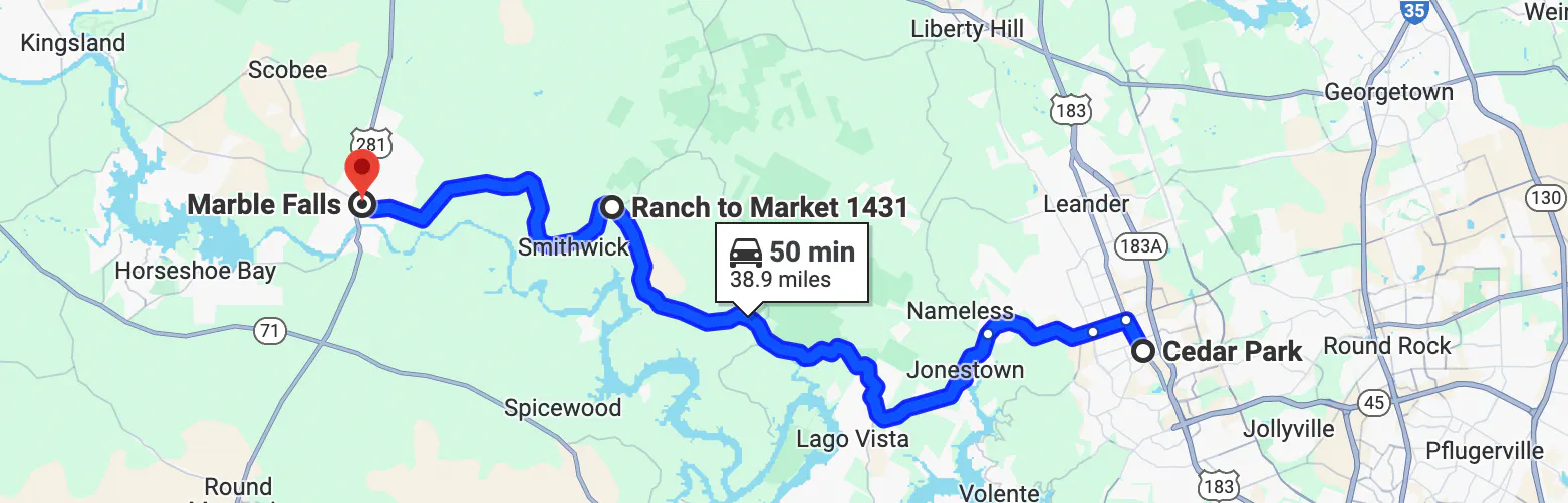 ruta en motocicleta de ranch road 1431 a Marble Falls - Austin, TX