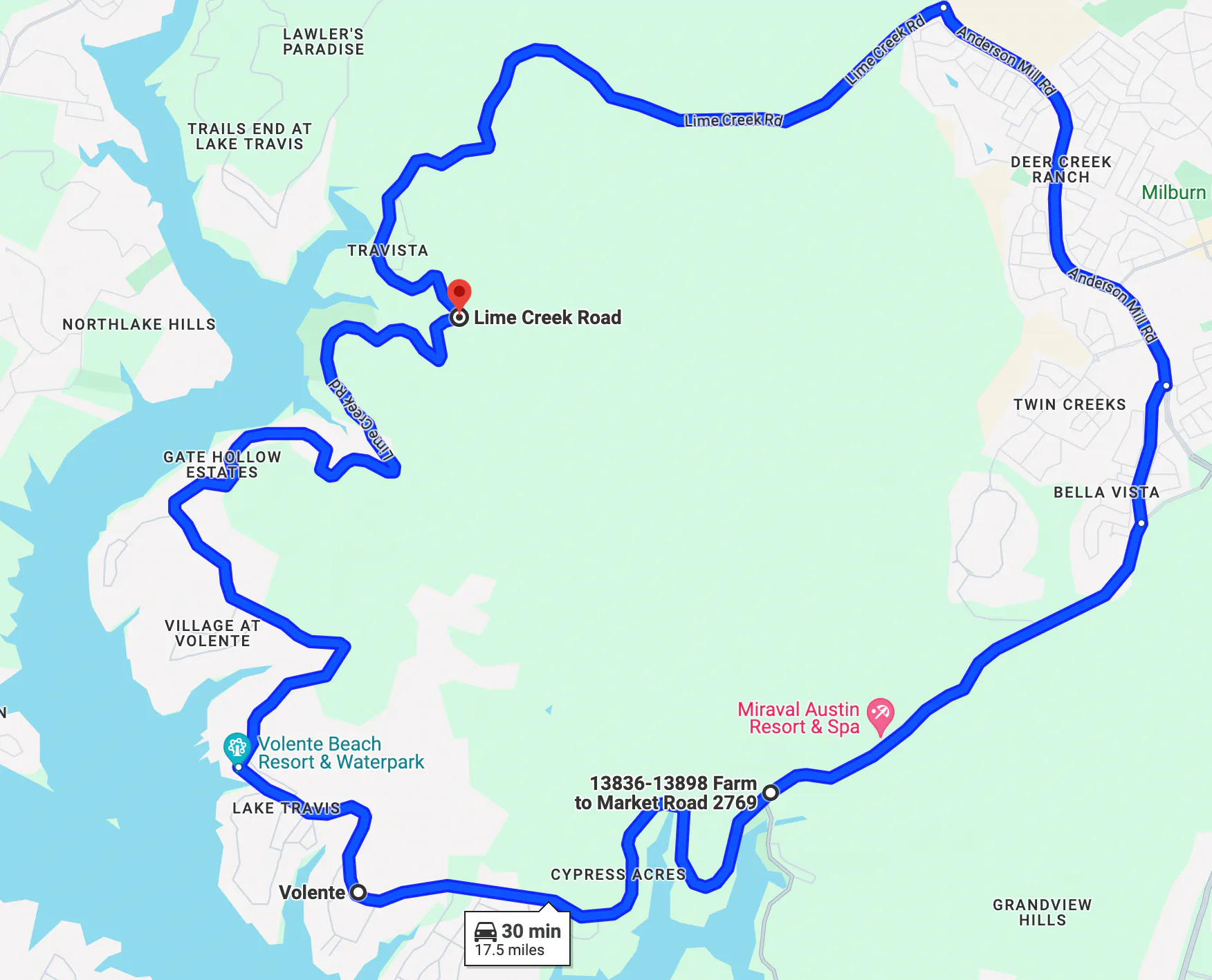 ruta de motocicleta por el circuito de Lime Creek Road - Austin, TX
