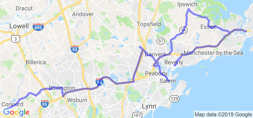 mapa de imagen del recorrido en motocicleta por Massachusetts - Salem, Gloucester y Annisquam Village