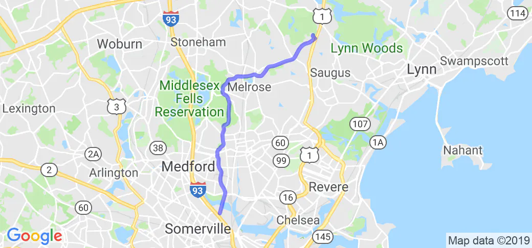 imagen del mapa de un paseo en motocicleta en Massachusetts - Lynn Fells Parkway East