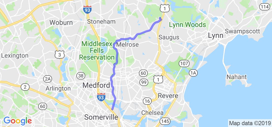 map image of motorcycle ride in Massachusetts - Lynn Fells Parkway East