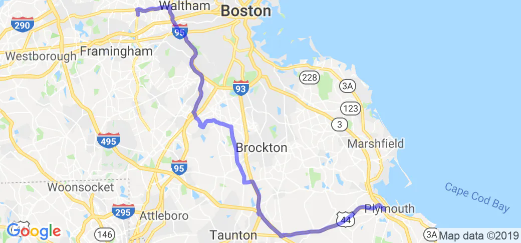 imagen de mapa del recorrido en motocicleta por Massachusetts - Plymouth y la Costa Sur