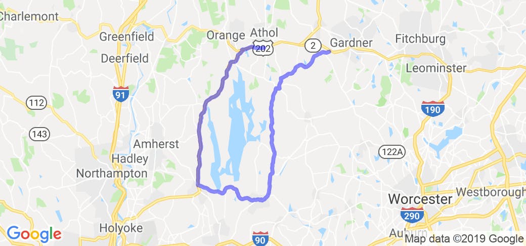 map image of motorcycle ride in Massachusetts - Quabbin Reservoir Loop