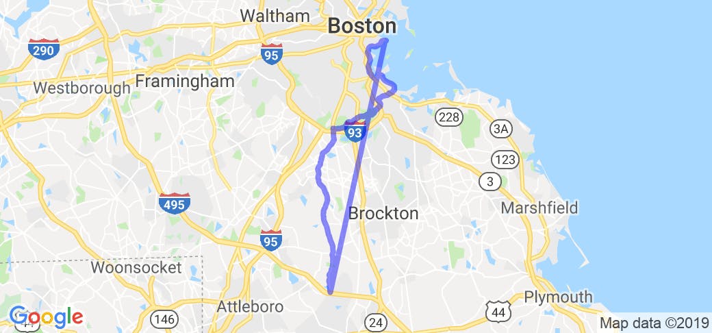 map image of motorcycle ride in Massachusetts - Through the Country to the Castle