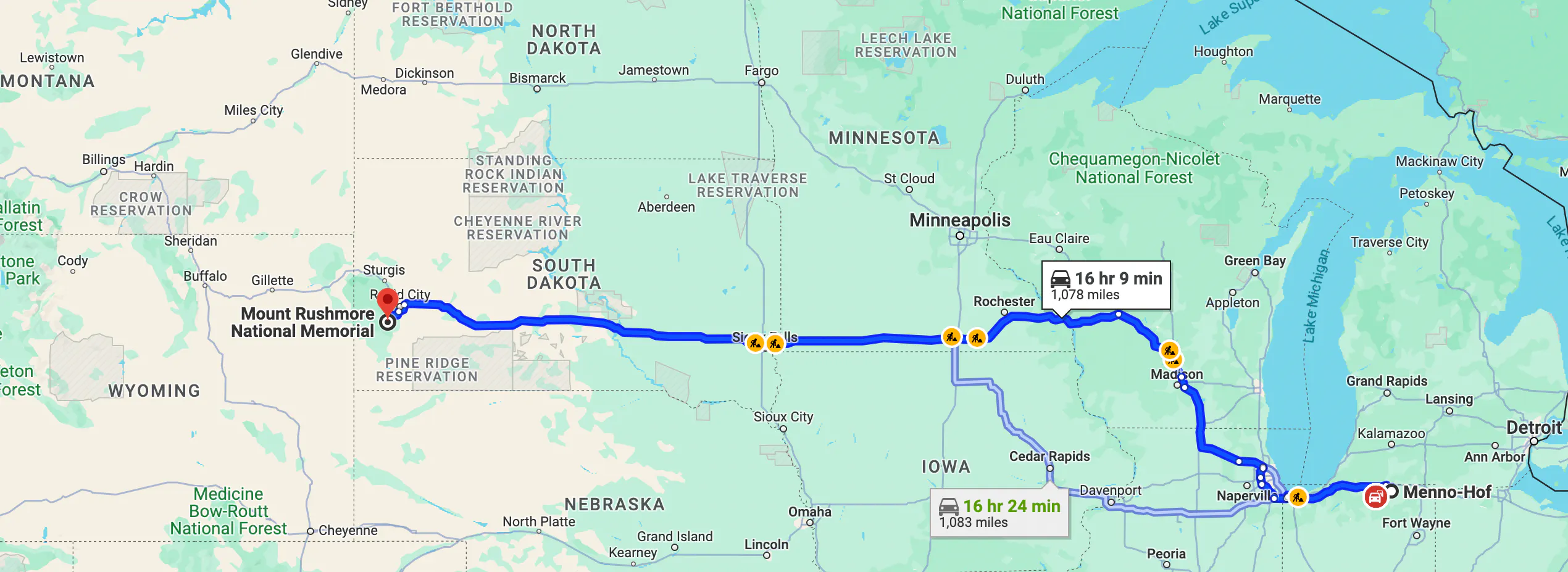 imagen de mapa del viaje a Mt. Rushmore cerca del moderno Oregon Trail - experiencia con alquiler de motocicleta de Riders Share