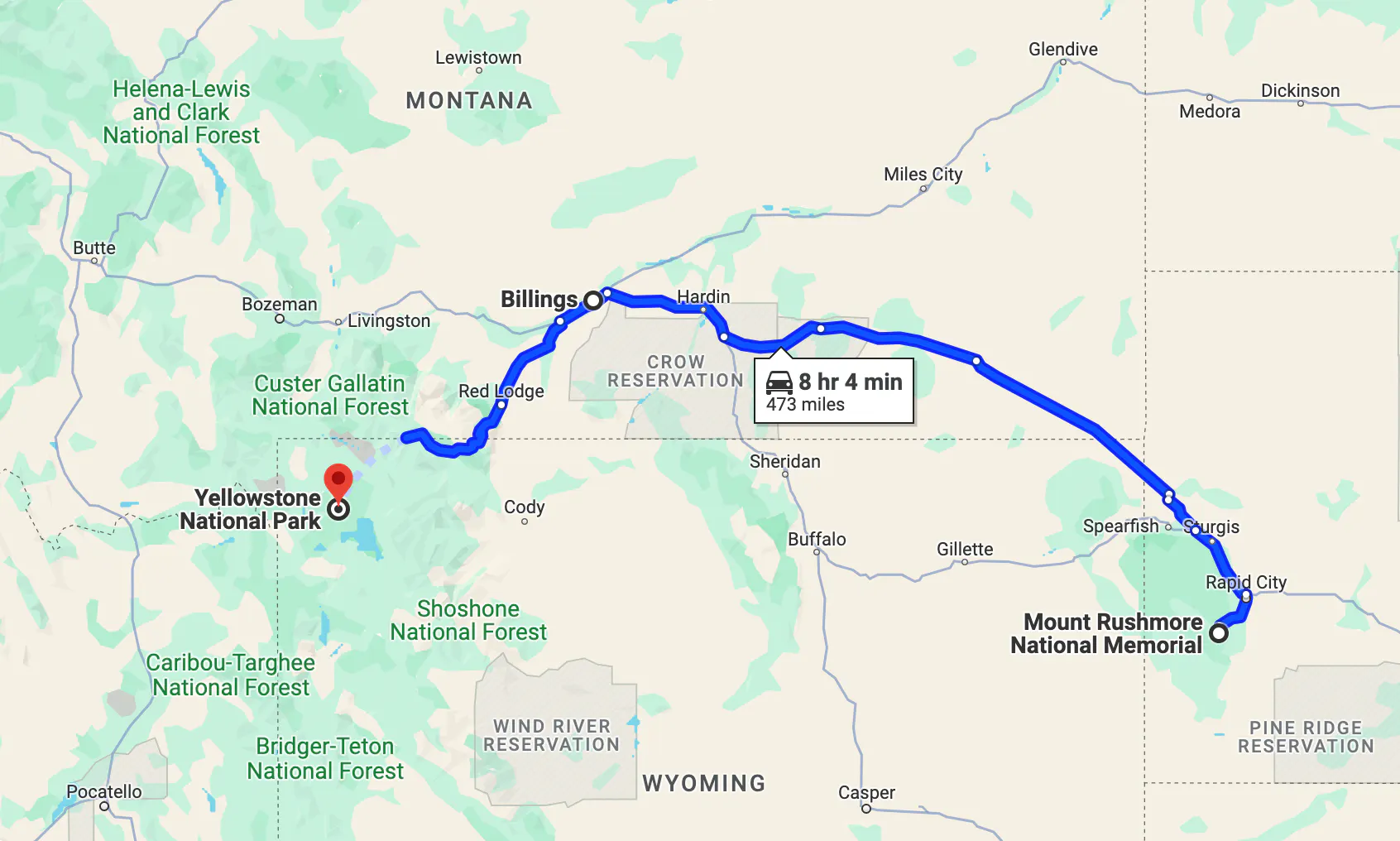 Imagen de mapa del recorrido en motocicleta por Yellowstone National Park - vive la experiencia con un alquiler de motos de Riders Share