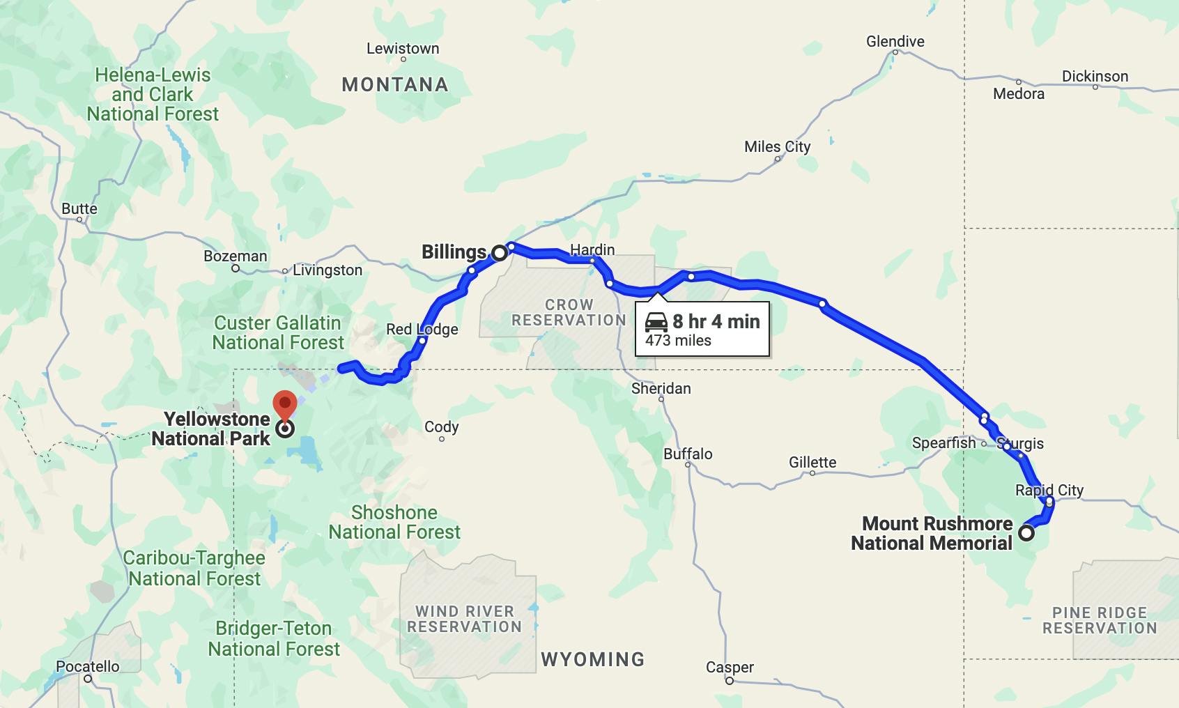 map image of Yellowstone National Park motorcycle ride - experience wih a motorcycle rental from Riders Share