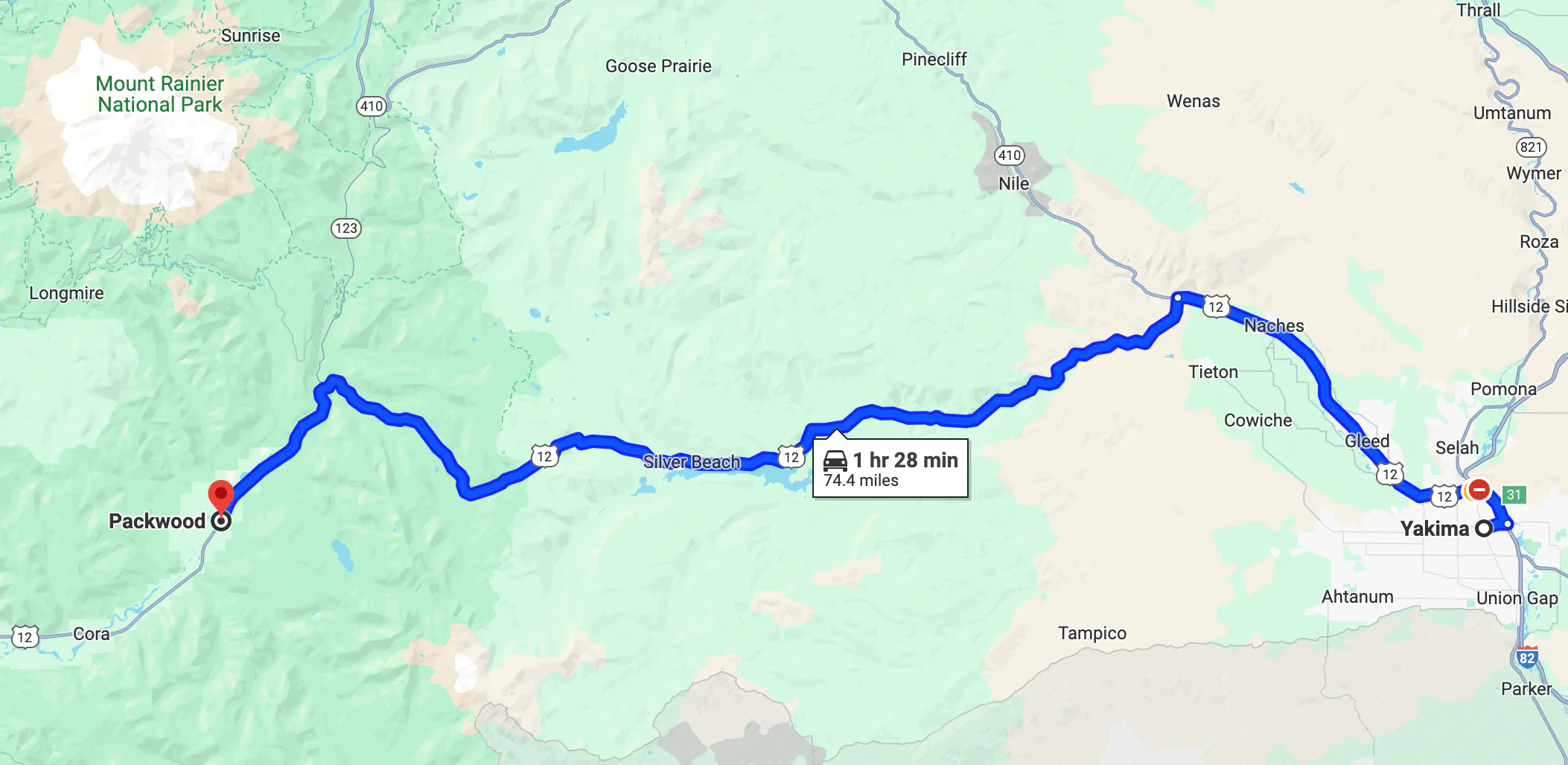 Imagen de mapa de ruta en motocicleta cerca de Seattle - recorrido por la Autopista 12