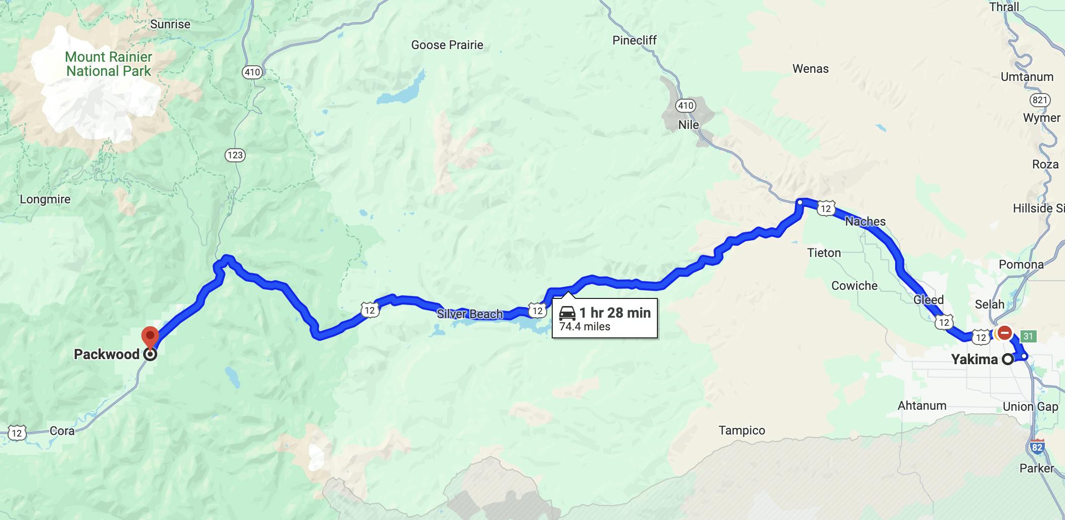 map image of motorcycle route near Seattle - hwy 12 ride