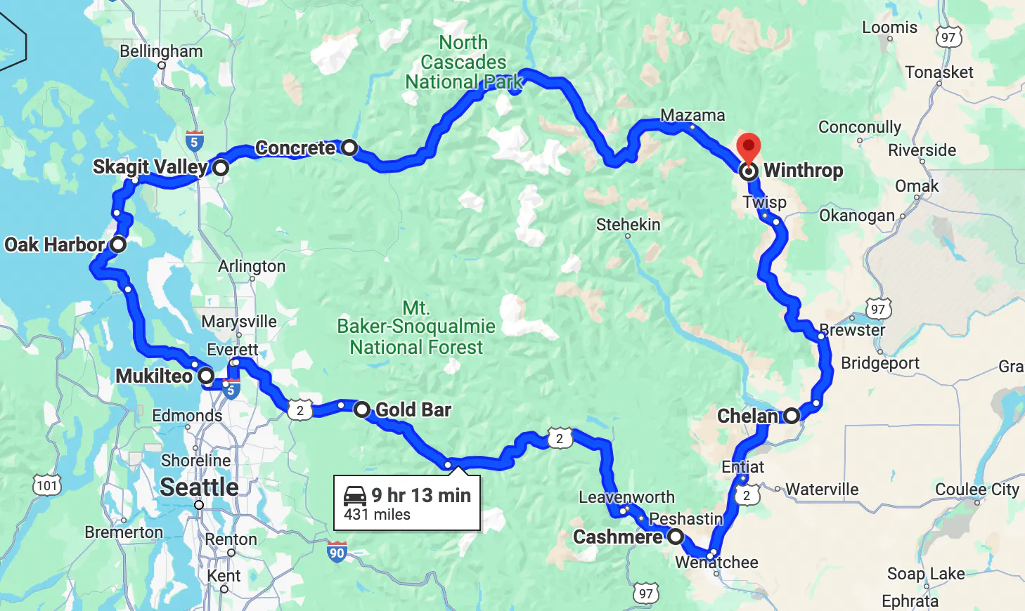 Imagen de mapa con ruta en motocicleta cerca de Seattle - Cascade Loop