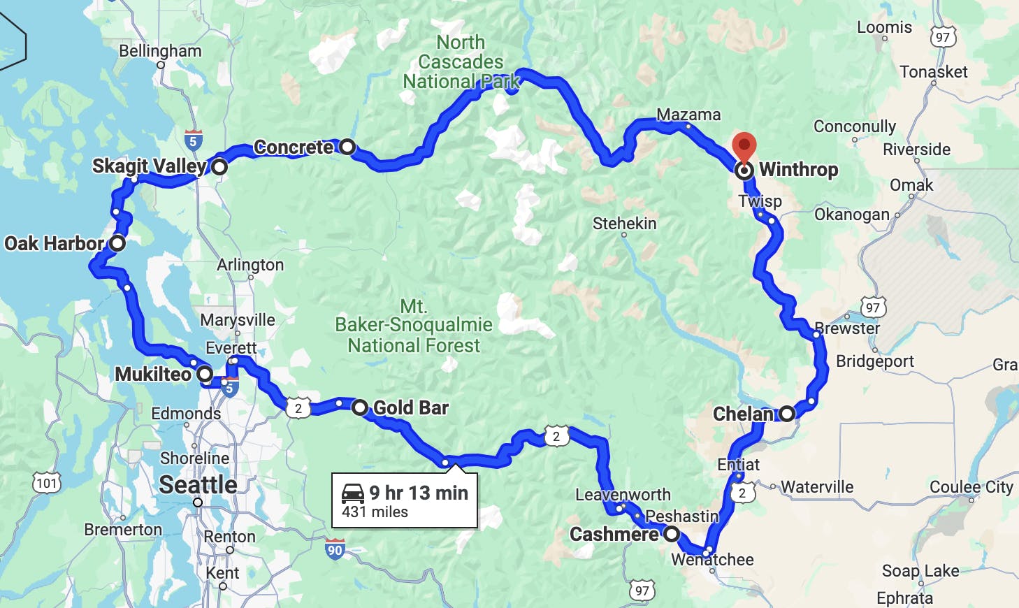 map image of motorcycle route near Seattle - cascade loop