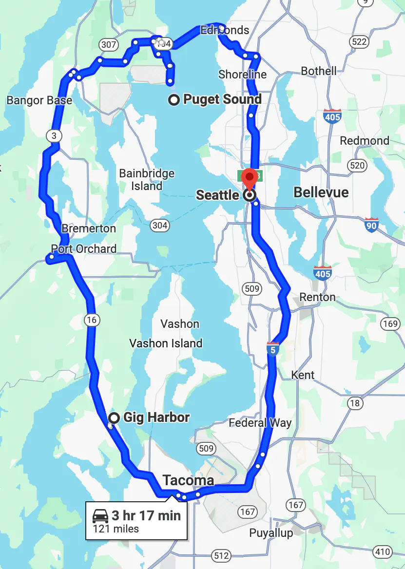Imagen de mapa de ruta en motocicleta cerca de Seattle - viaje de día por Puget Sound