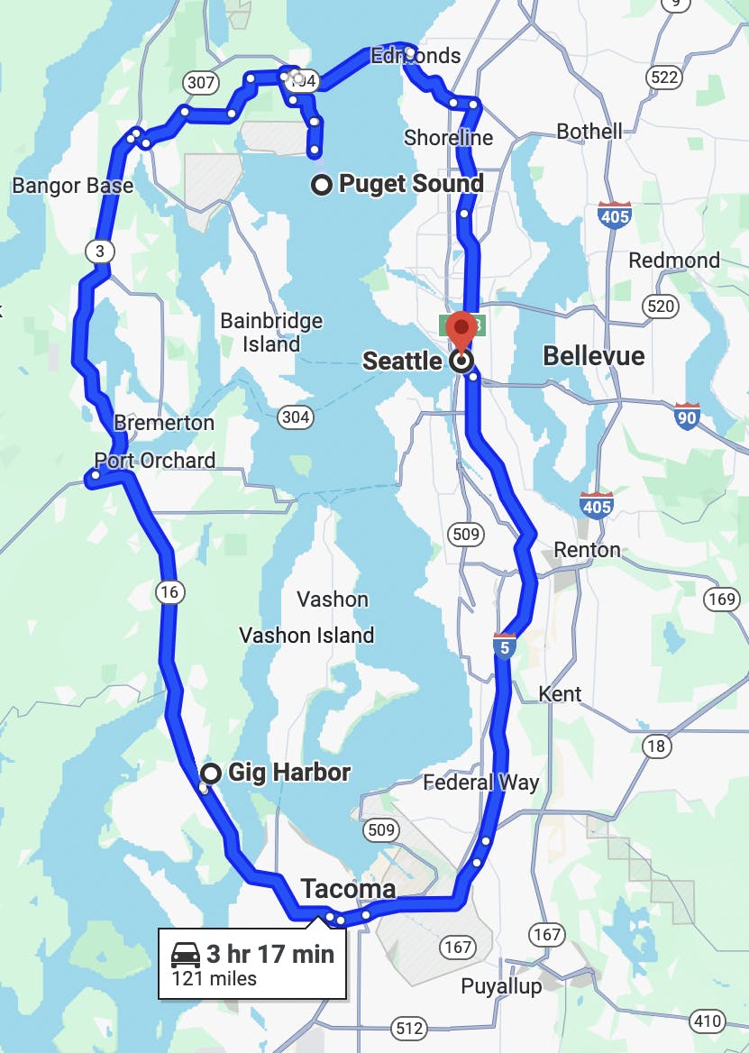 map image of motorcycle route near Seattle - puget sound day ride