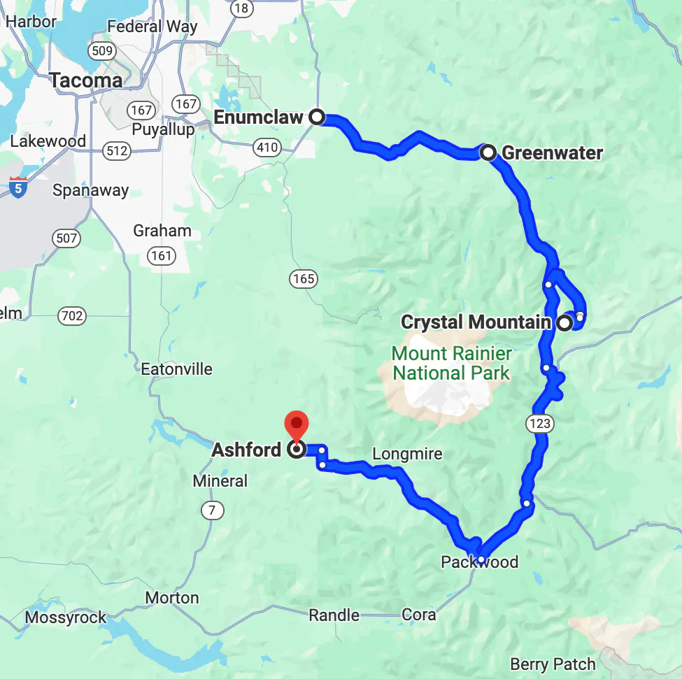 Mapa de imagen de ruta en motocicleta cerca de Seattle - ruta escénica Mount Rainier