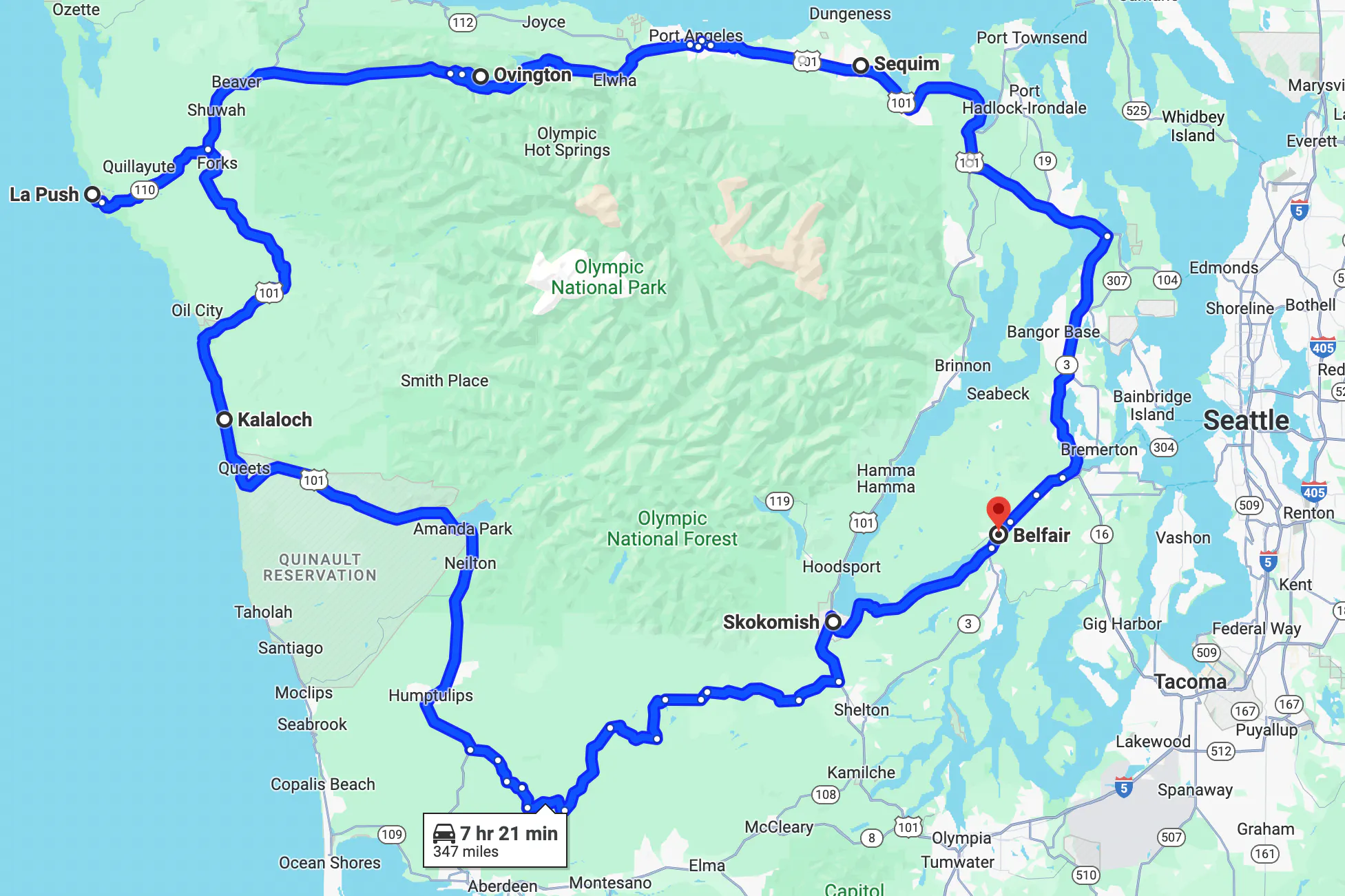 Imagen de mapa de ruta en motocicleta cerca de Seattle - bucle de la península olímpica