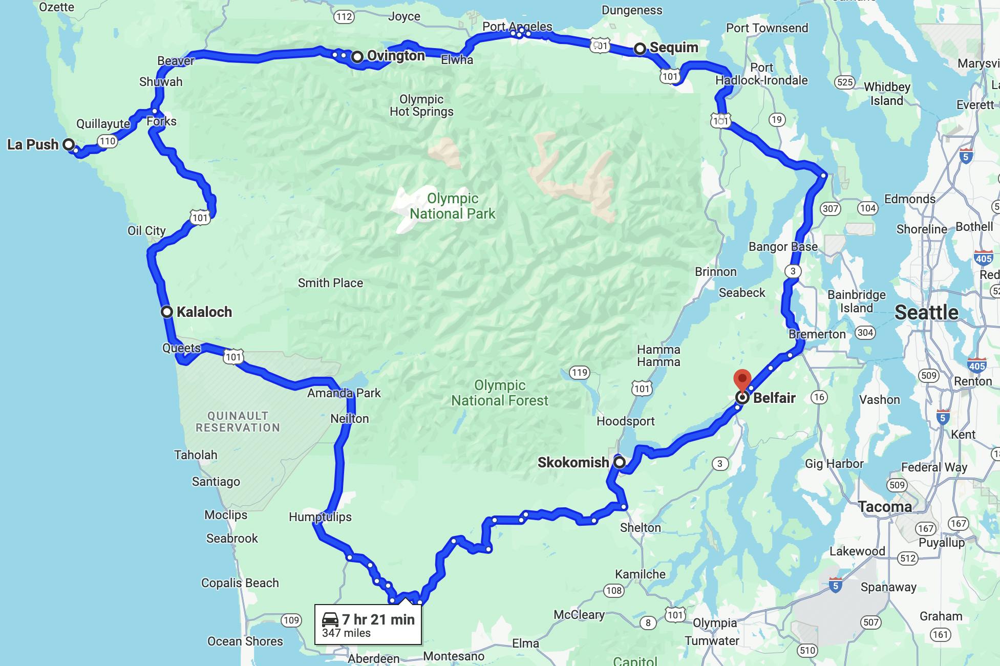 map image of motorcycle route near Seattle - olympic peninsula loop