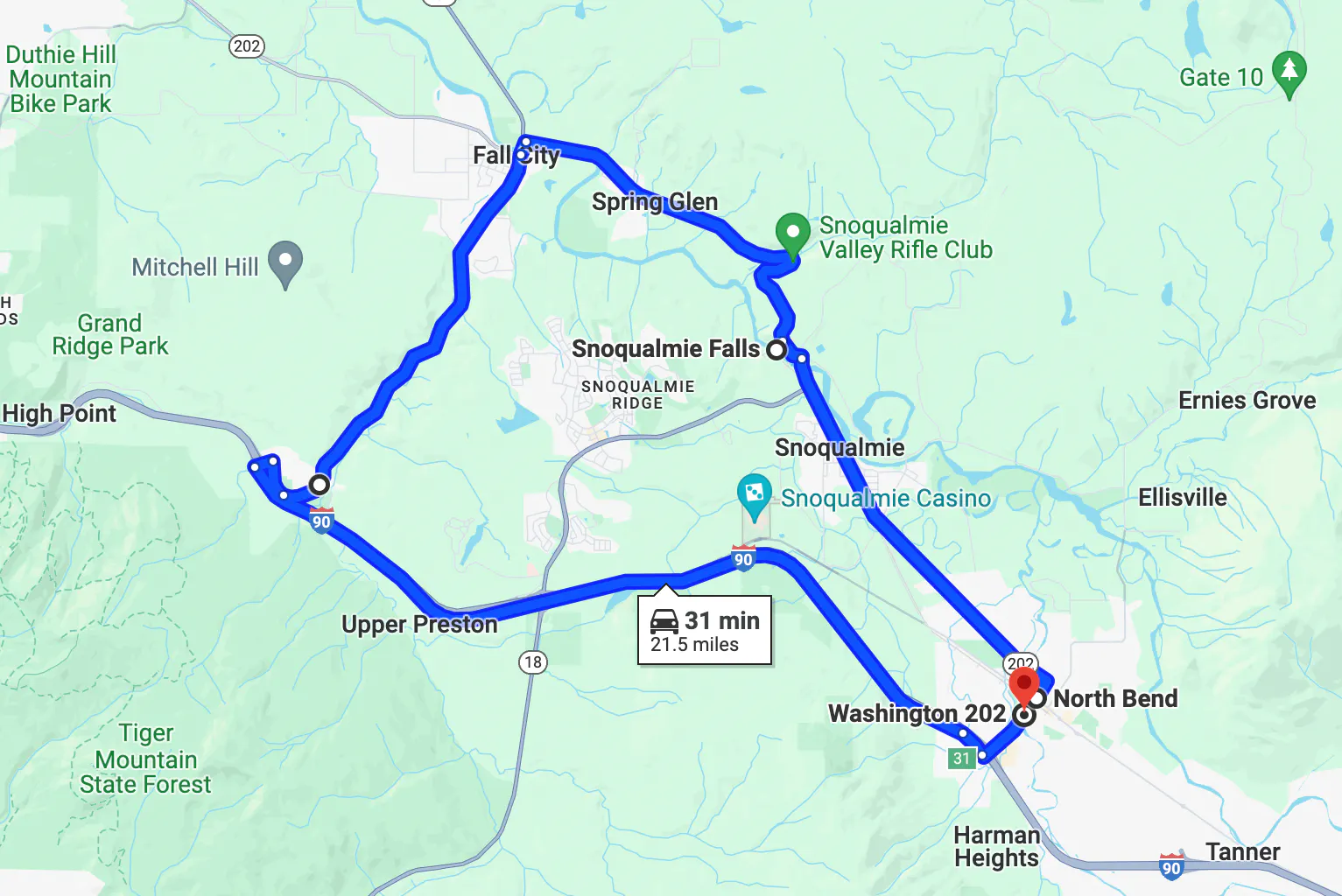 imagen del mapa de la ruta en motocicleta cerca de Seattle - circuito snoqualmie falls loop