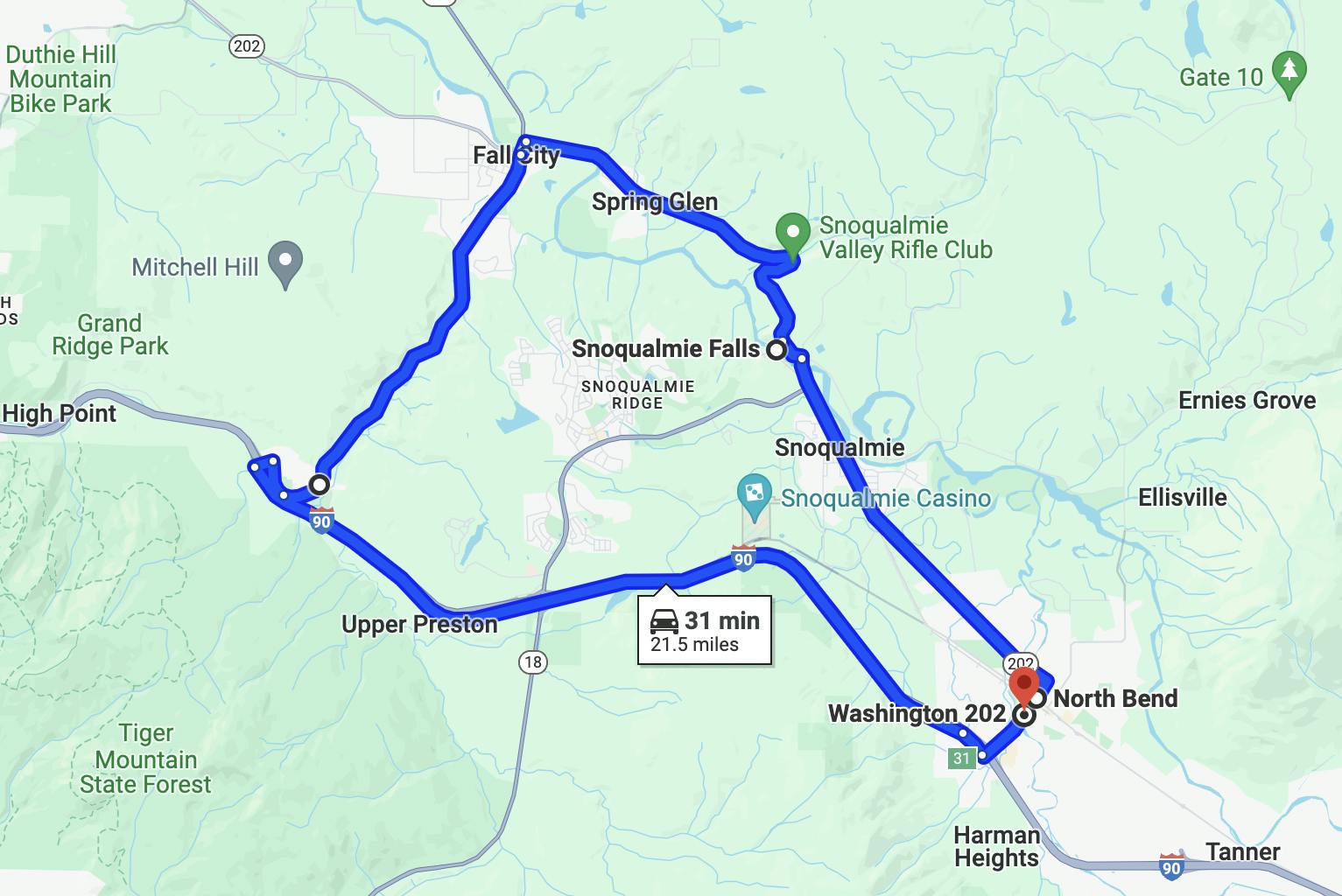 map image of motorcycle route near Seattle - snoqualmie falls loop