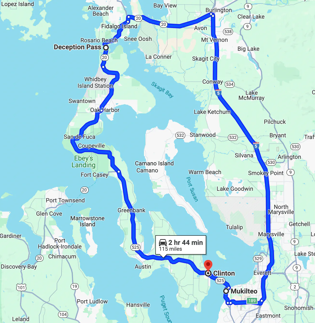 imagen de mapa de ruta en motocicleta cerca de Seattle - Whidbey Island Loop
