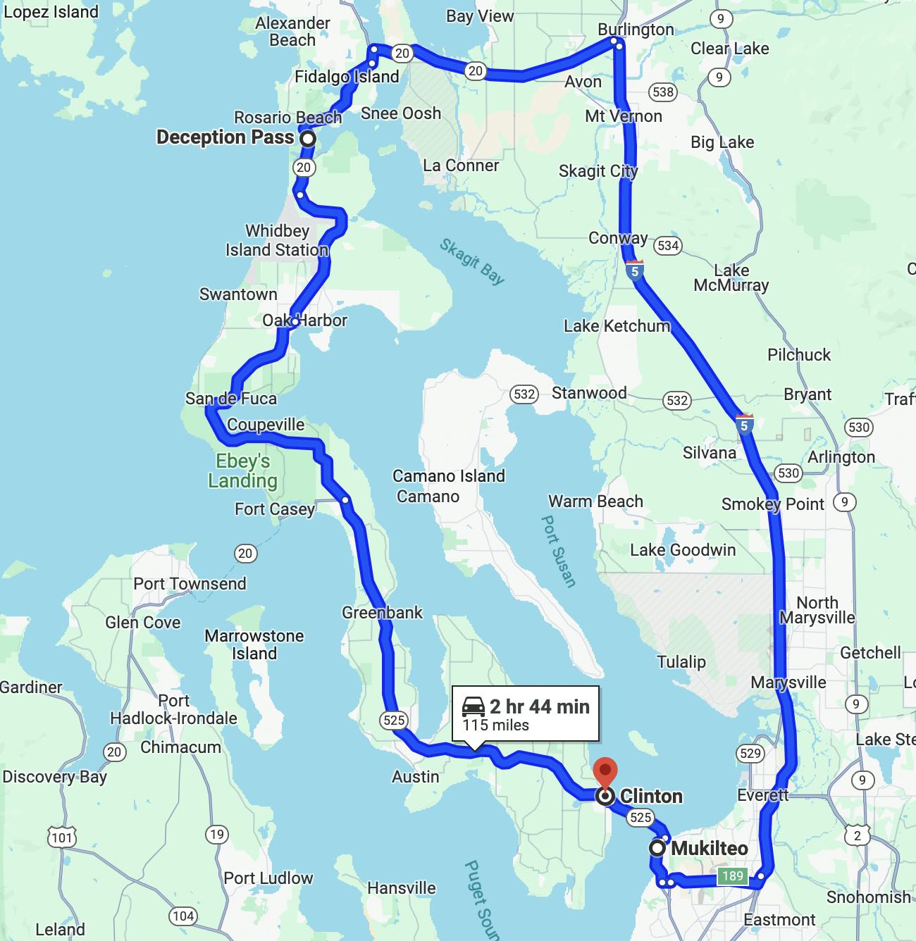 map image of motorcycle route near Seattle - whidbey island loop