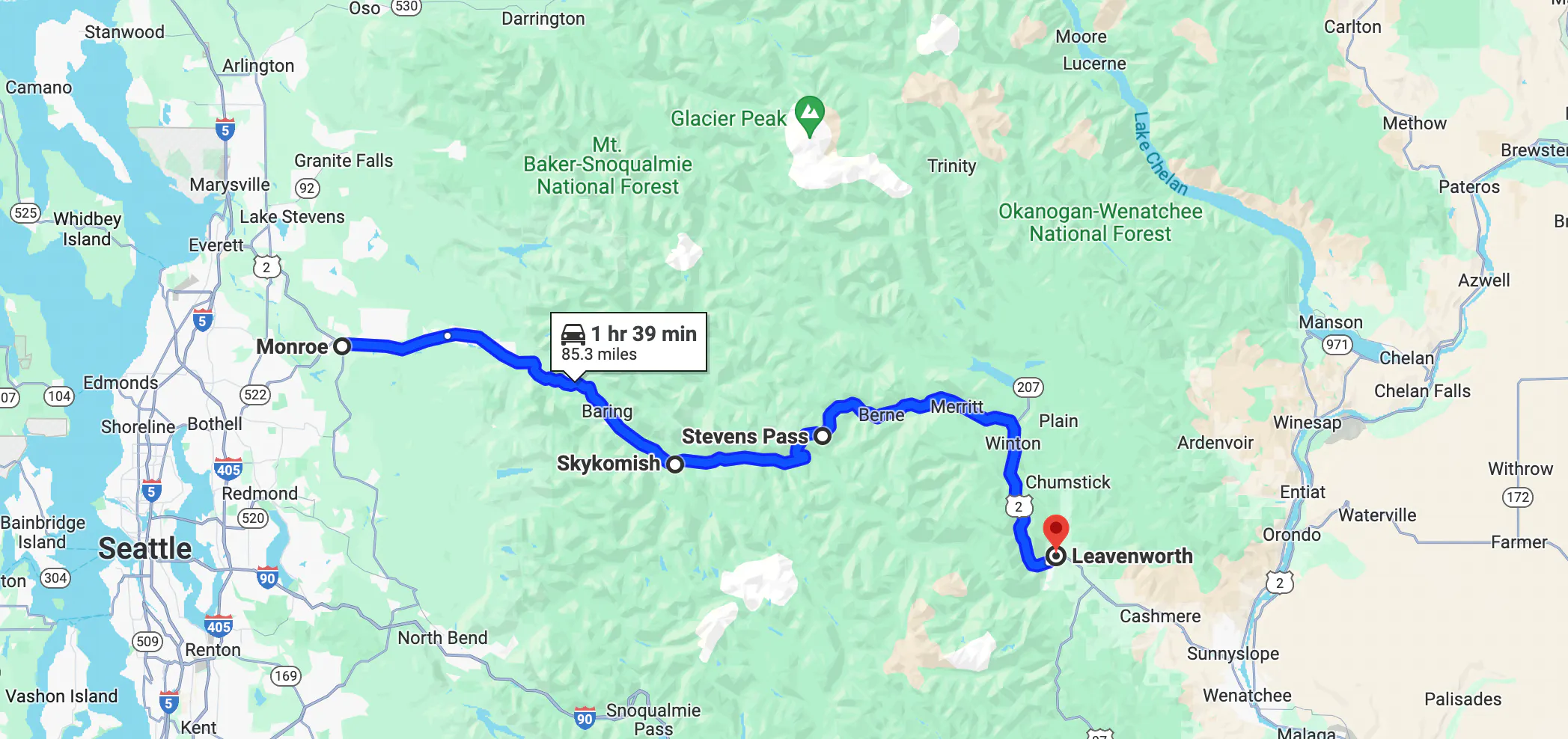 imagen de mapa de ruta en motocicleta cerca de Seattle – recorrido a Leavenworth
