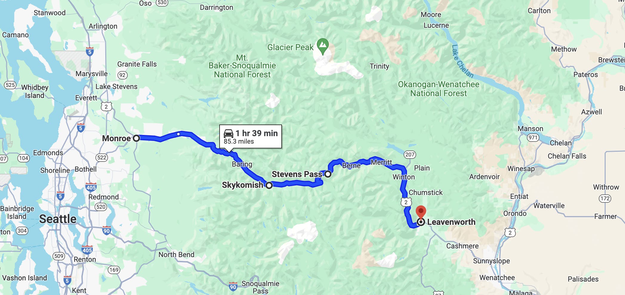 map image of motorcycle route near Seattle - leavenworth ride