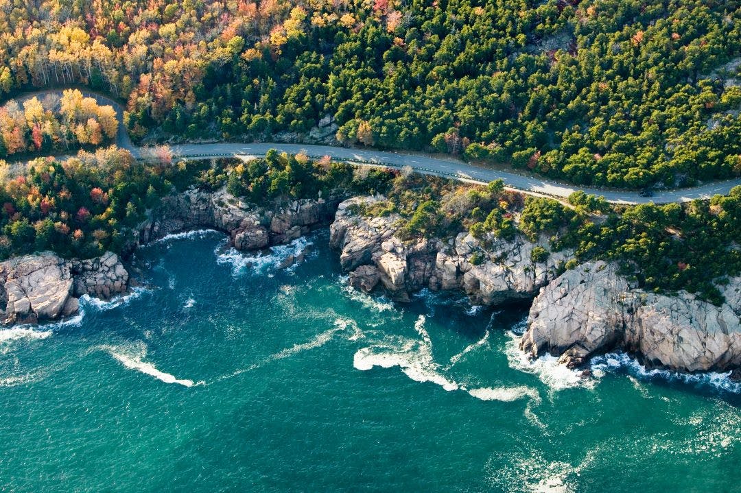 Aerial views of coastline surrounding Acadia National Park, Maine in autumn Riding Your Motorcycle In Acadia National Park, Maine