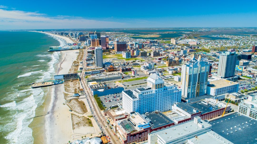 AERIAL VIEW OF ATLANTIC CITY BOARDWALK AND STEEL PIER. NEW JERSEY. USA. Top Northeastern USA Motorcycle Destinations