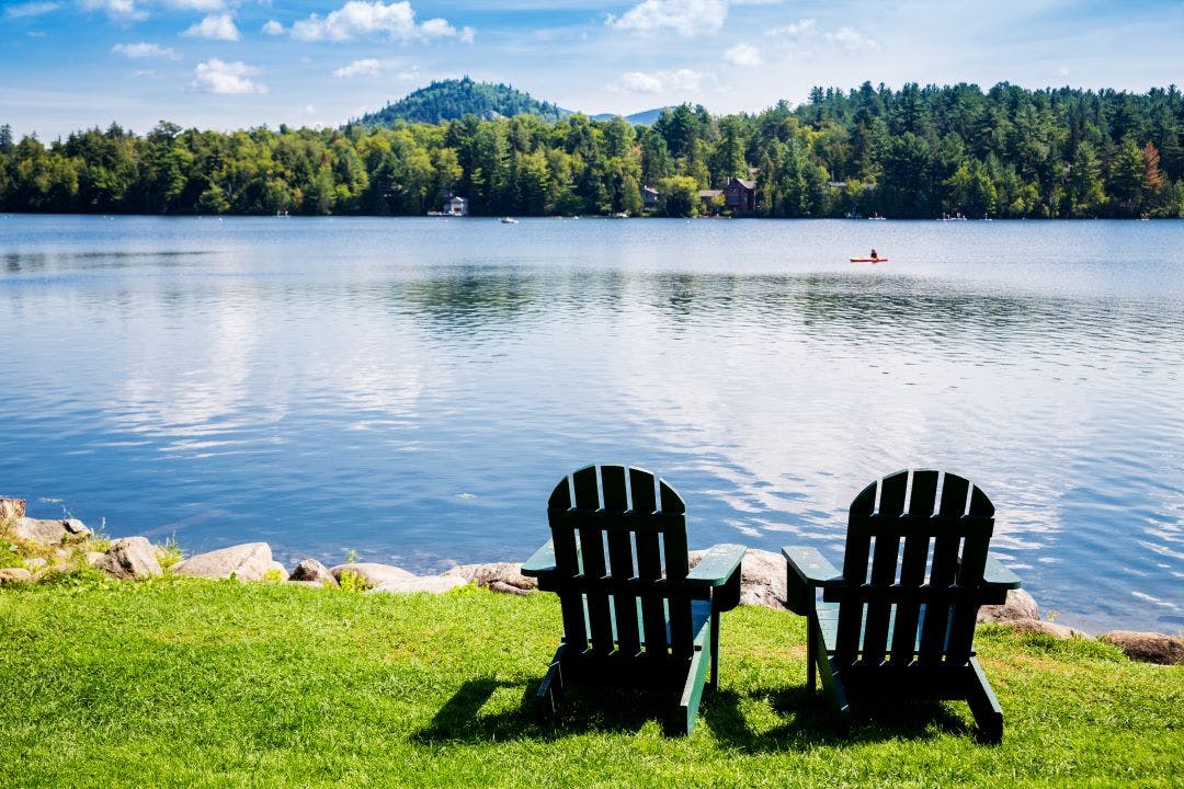 Adirondack chairs. Mirror Lake, Lake Placid New York Top Northeastern USA Motorcycle Destinations