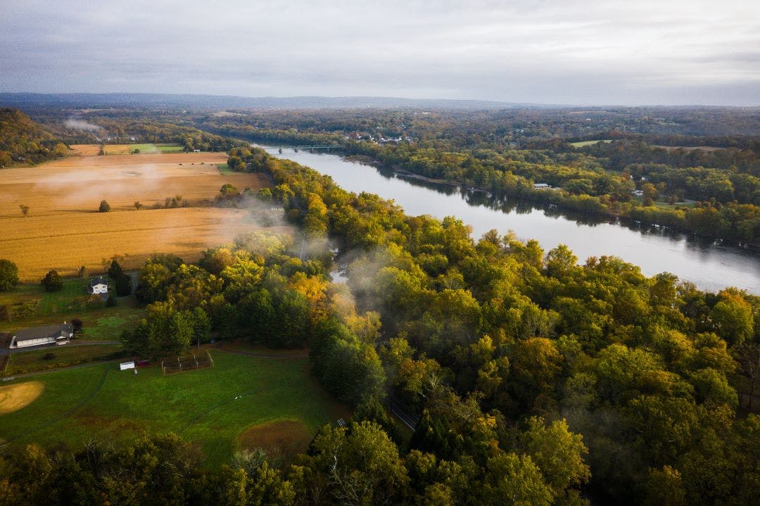 Aerial Sunrise in Frenchtown New Jersey Best Motorcycle Rides in New Jersey State