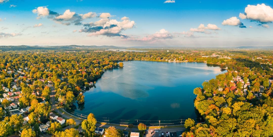 Aerial panorama of Lake Parsippany, in New Jersey, on an sunny autumn afternoon Best Motorcycle Rides in New Jersey State