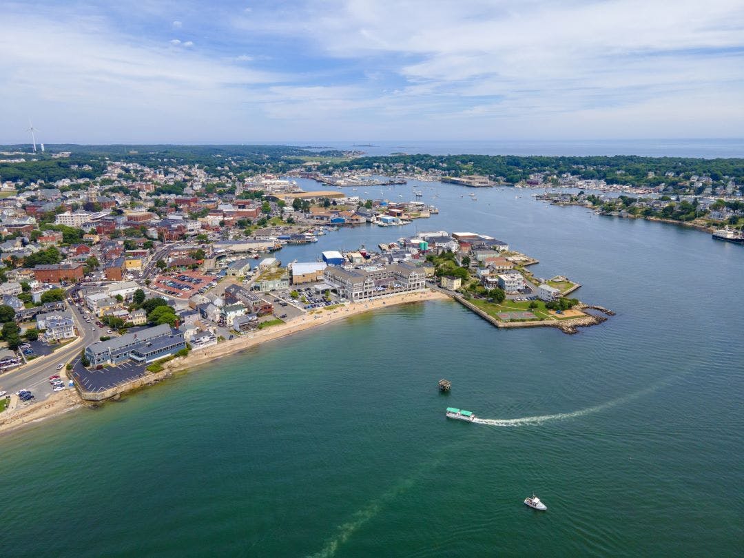 Gloucester city and inner harbor aerial view, Gloucester, Cape Ann, Massachusetts MA, USA Top Motorcycle Rides in Massachusetts