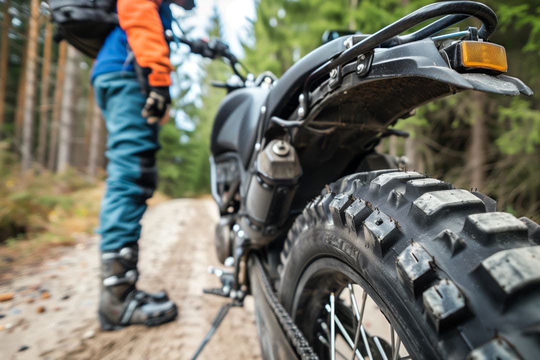 rider standing next to a bike, focus on dual sport tire tread The Best Dual Sport Motorcycles of 2024-2025