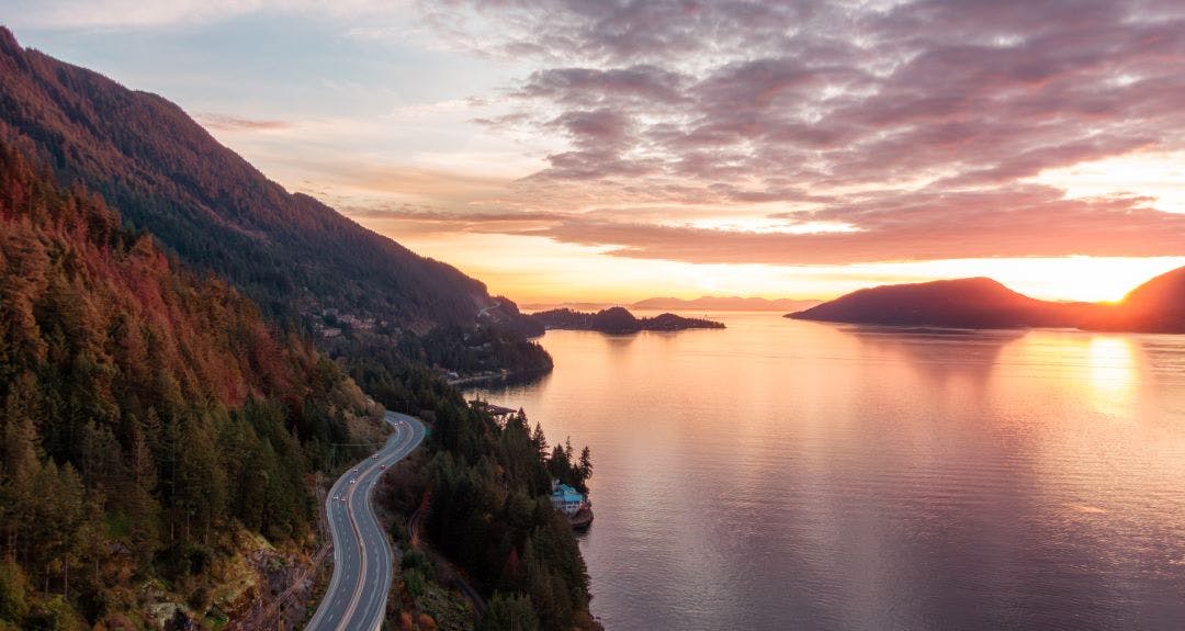 Sea to Sky Highway on West Coast of Pacific Ocean. Cloudy Sunset Sky Best Motorcycle Rides in Northern California - Bay Area to the Redwoods